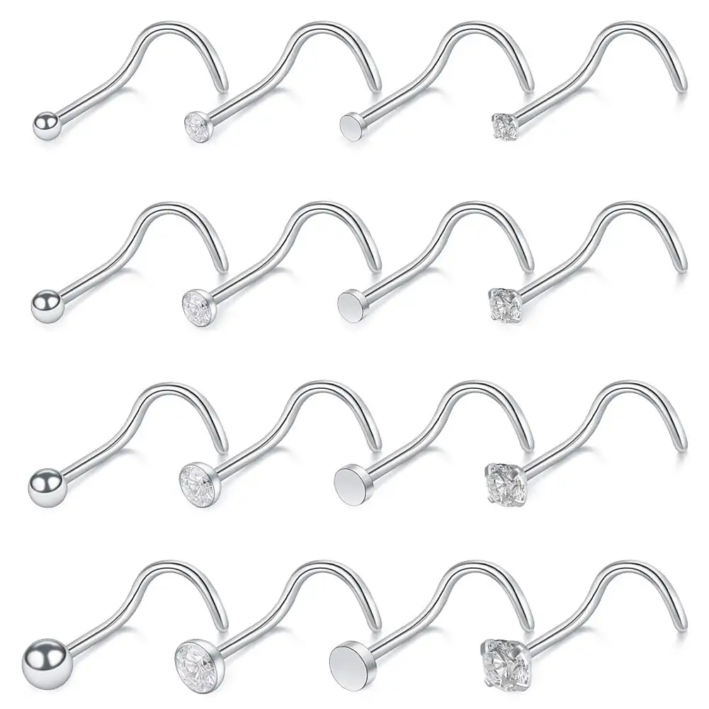 20G Stainless Steel Screw Bend Nose Stud Rings 1.5‑3mm Clear CZ Tragus Lip Hoop Piercing Jewelry 8‑30PCS for Women Men