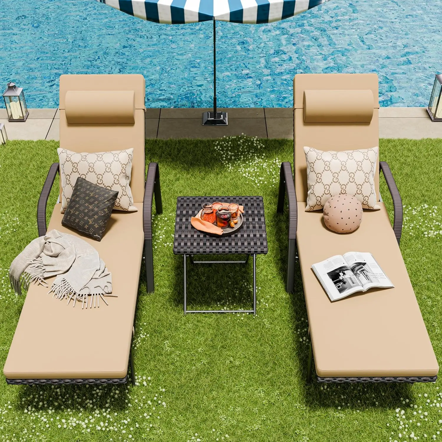 Patio Chaise Lounge Set 3 Pieces Outdoor Lounge Chair with Folding Table for Beach Patio,Sand, for Poolside Backyard Porch