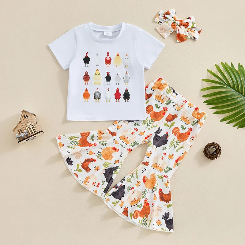 

2024-03-05 Lioraitiin Summer Kid Girls Clothes Set Chicken Print Short Sleeve Crew Neck T-shirt with Flare Pants Headband Outfit