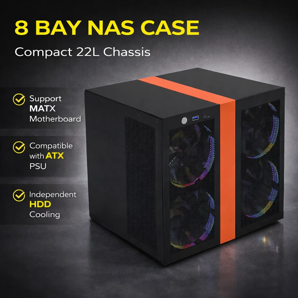 

8 Bay NAS Case MATX PC Chassis Case Support ATX PSU Compact 22L Home Server Case with Type-C USB 3.0