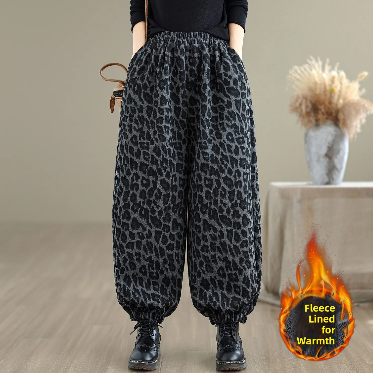 حجم كبير 300 Pou Sister النسخة الكورية ليوبارد طباعة فانوس السراويل النسائية الخريف الشتاء ثي الدافئة عالية الخصر واسعة الساق H...