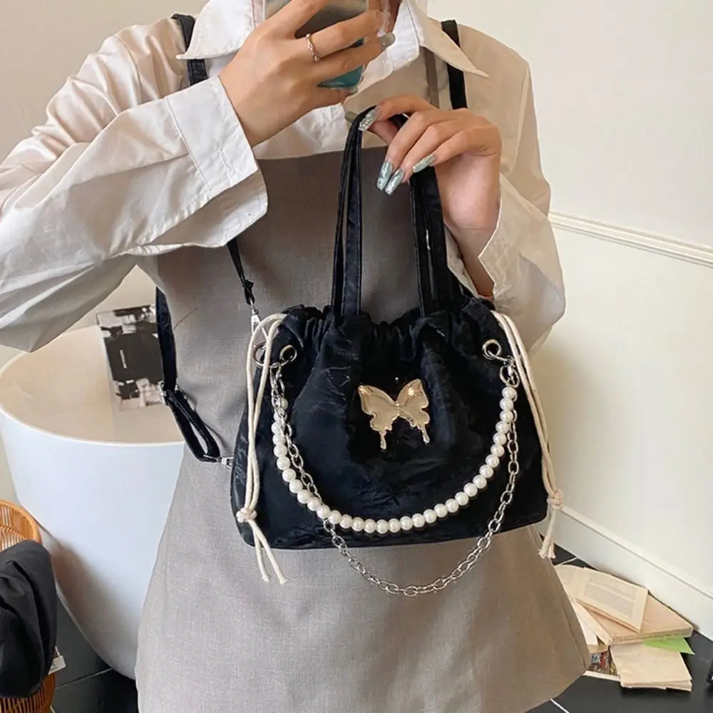 

Magnetic Buckle Silver Butterfly Backpack Metal Chain Pearls Chain Drawstring Shoulder Bag Korean Style Solid Color