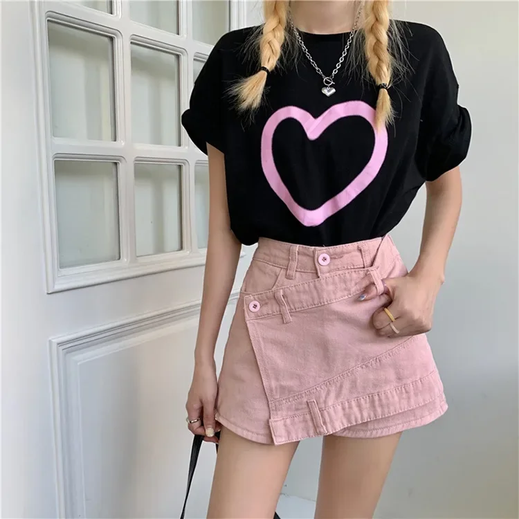 Summer New Women's Denim Shorts A- Line Wide Legs Pink Skort Slimming Petite Sensibility Design High Waist Thin Section