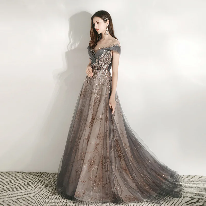 Banquet Elegant  Evening Dresses Petals and Leaf Patterns Sequin Round Neck Slim Long Dress Off The Shoulder Prom Robe