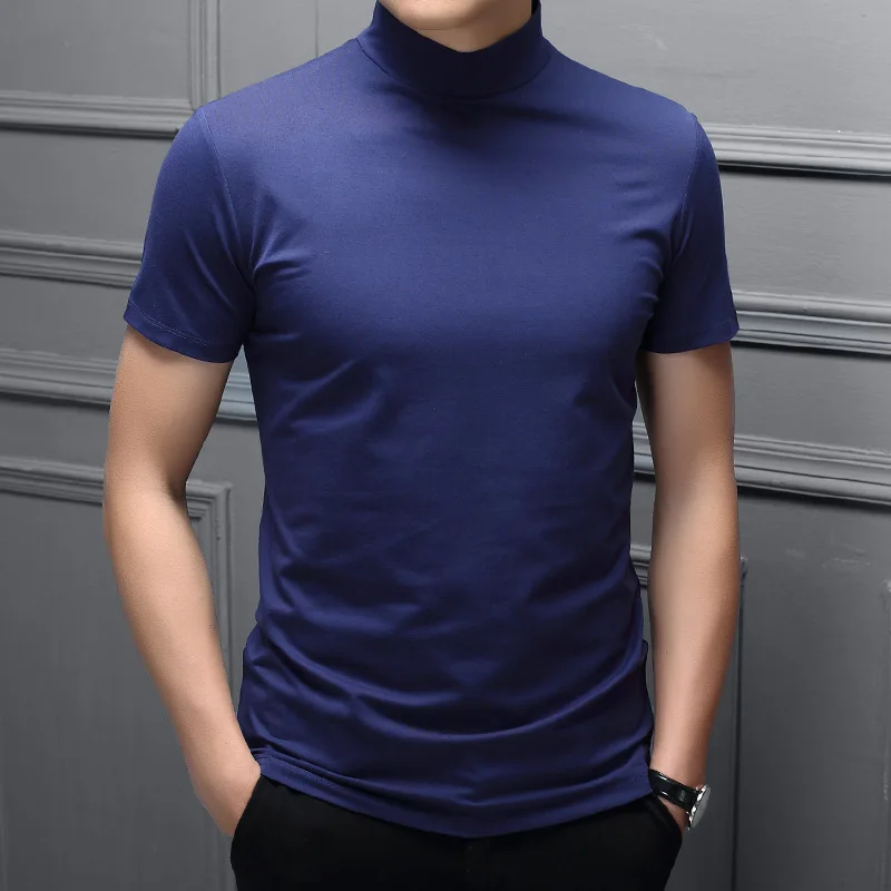 Spring And Summer Men Half high Collar Mercerized Cotton Short Sleeve Slim Body T-Shirt Men Solid Color Modale High Collar Trend