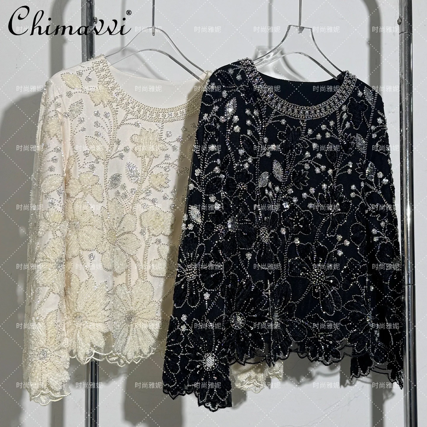 

Модный плюшевый топ с тяжелыми блестками и цветком, футболка с длинными рукавами и жемчугом, весна-лето, новый женский элегантный тонкий топ с длинными рукавами