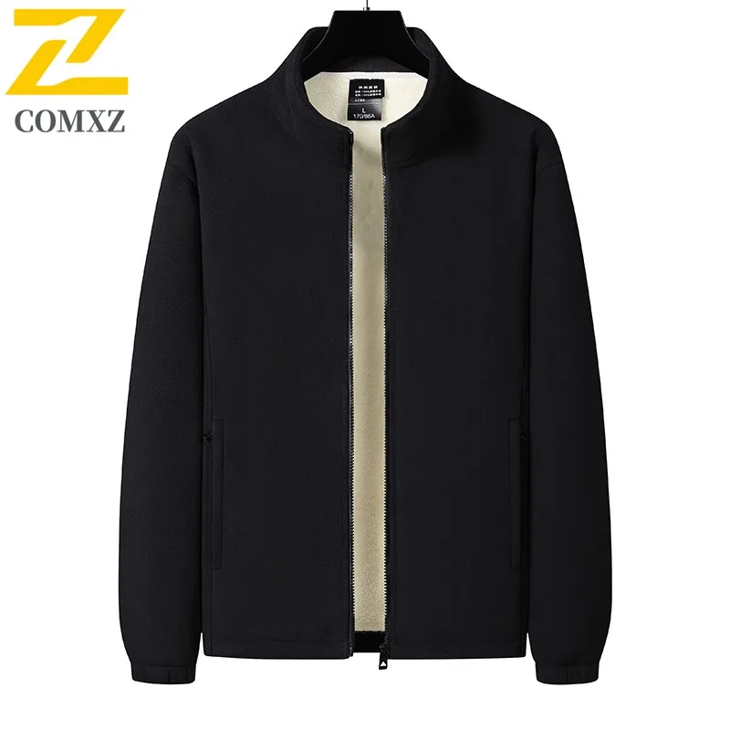 COMXZ 2025 Mens Winter Fleece Lined Thick Polar Fleece Jacket Stand Collar Casual Sports Warm Outwear for Middle Aged Men