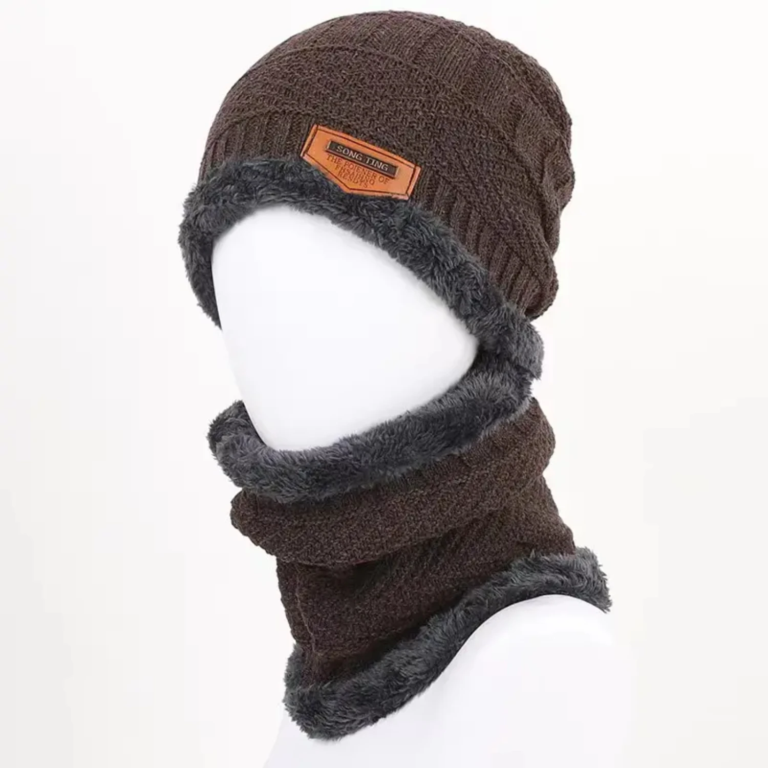 Men's Casual Style Polyester Beanie Hat and Scarf Set - Stay Cozy and Stylish!