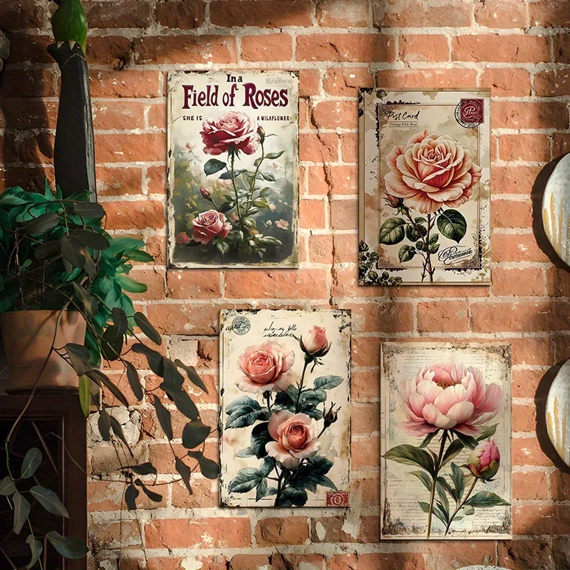 Decorative Plaques 4pcs Set,Vintage Pink Rose Metal Wall Art Signs,Rustic Farmhouse Decor With Elegant Pink Roses, Retro Signage