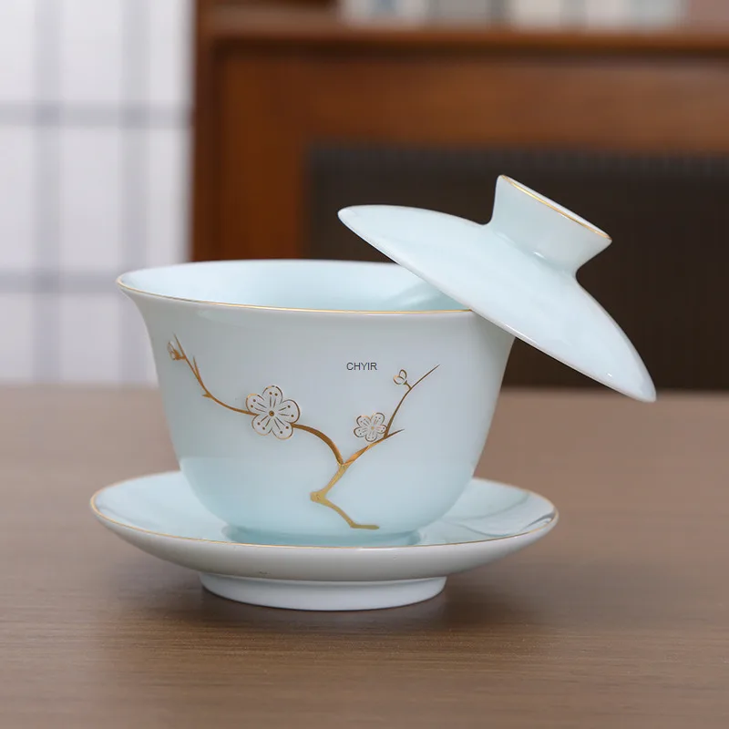 

Hovering Lid Ceramic Three-Talent Single Lid Bowl Household Chinese Style Shadow Green Gold-Plated Kung Fu Tea Set Tea Bowl Tea