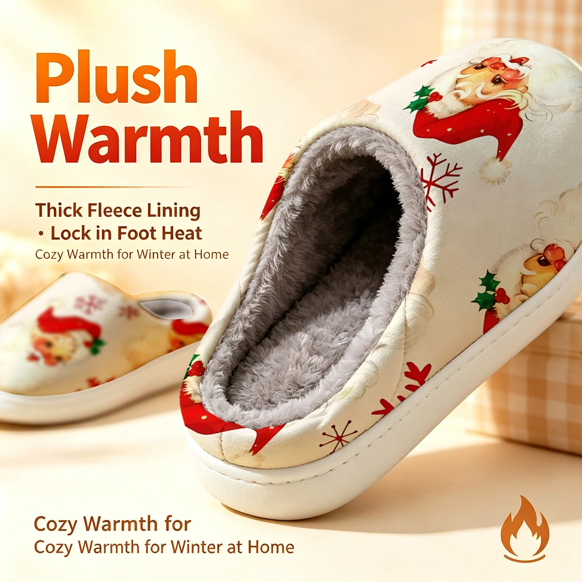 Vintage Santa Claus Christmas White Slippers Warm Plush Indoor Shoes Non-Slip Winter Slippers Family Holiday Gifts Soft