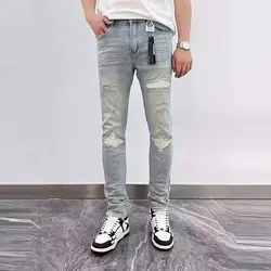 Fashionable Luxury Clothing Ripped Distressed Retro Spring and Autumn Denim Jeans for Men Slim Fit Casual Pants Cotton Trousers