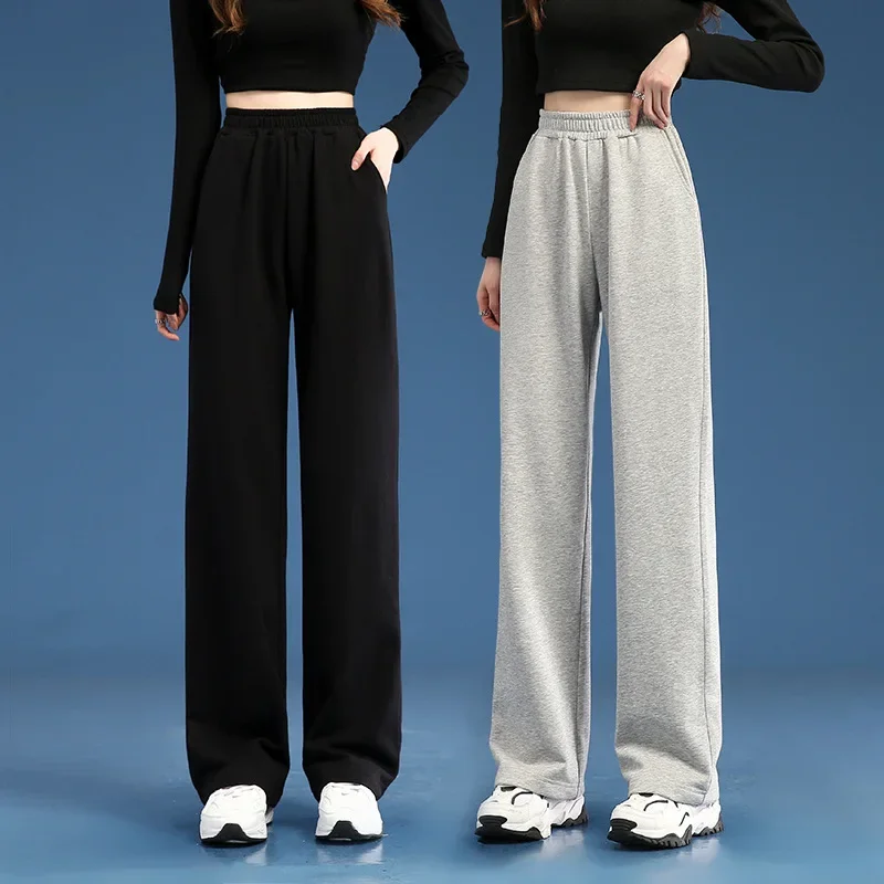 

Women's Straight Pants Korean Fashion Loose Solid Color Elastic Waist with Pockets Casual Trousers All-match Streetwear Trend