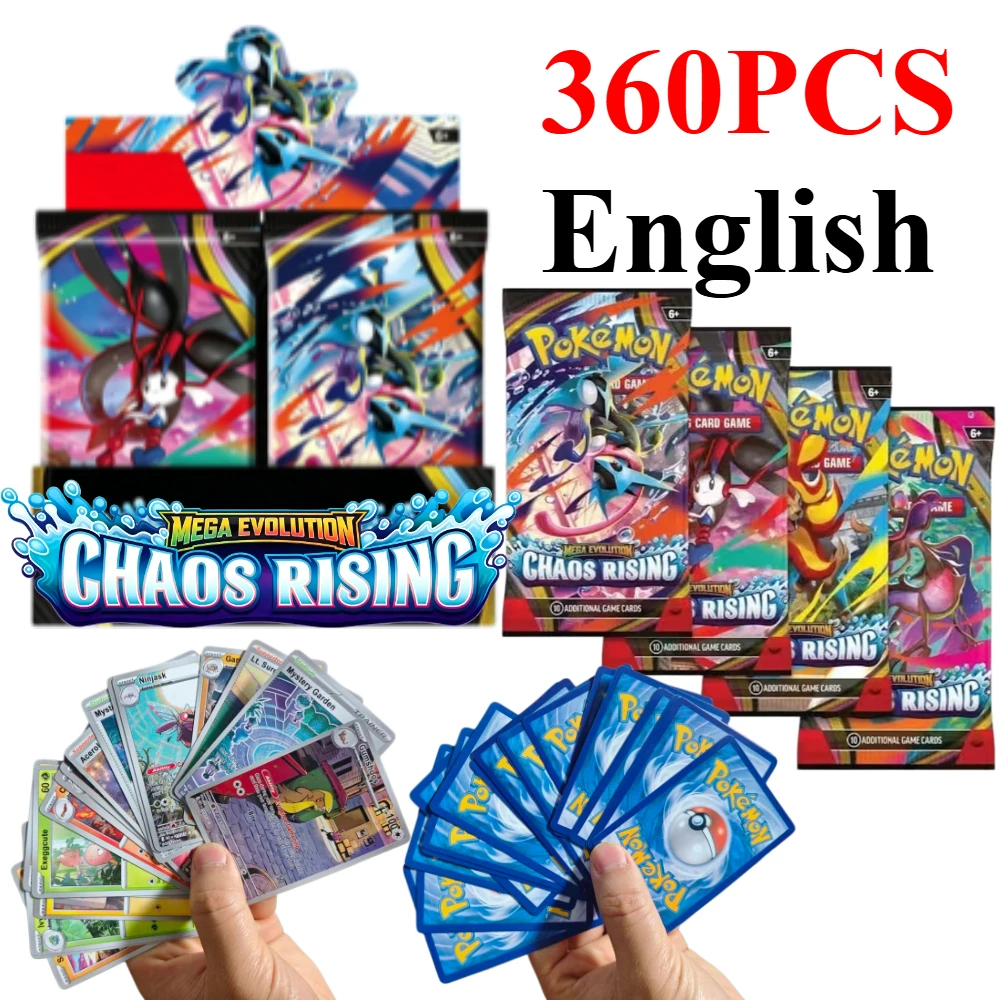 180/360 cartes de jeu de société anglaises en anglais, boîte de boosters Chaos Rising Mega Evolution, cartes de jeu à collectionner pour Chaos Rising