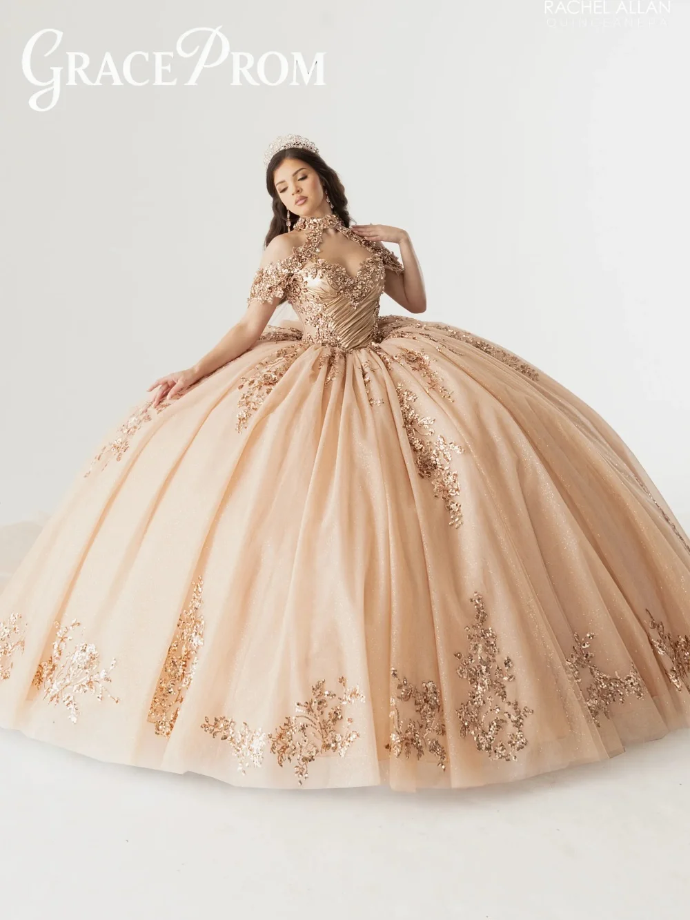 

Luxurious Champagne Quinceanera Dress High Neck Off Shoulder Sheer Gold Sequin Glitter Tulle Ball Gown For Sweet 16 Celebration