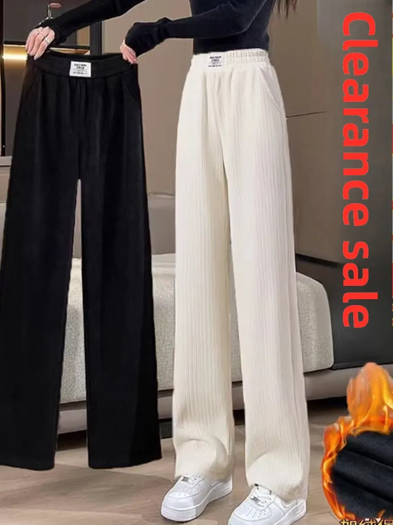 

Thiened Fce Широкие брюки Женские осенне-зимние прямые брюки Spor Длинные брюки с высокой талией Корейские повседневные брюки