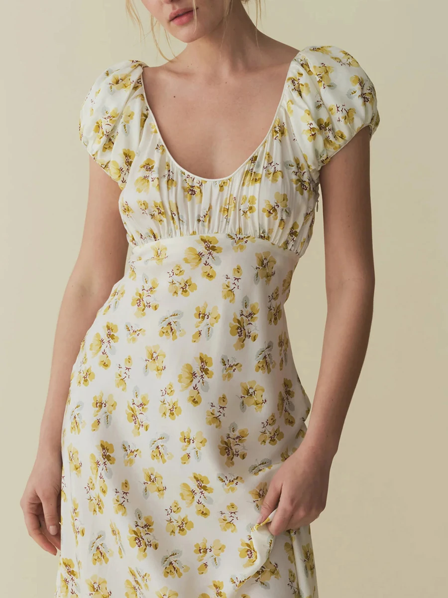 فساتين نسائية صيفية أنيقة بطبعة زهور طويلة بأكمام قصيرة منتفخة فستان على شكل حرف A لحفلات الكوكتيل وحفلات الشاطئ ملابس الشارع