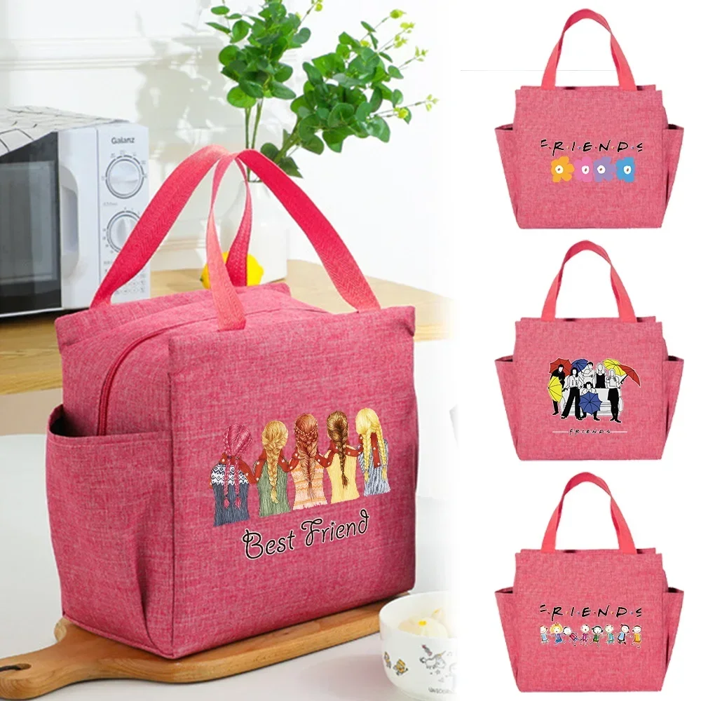 Lunch Bag Cute Girls Insulation Cooler Bag Kid Pink Lunch Box Friend Printing Series Picnic Portable Food Storage Leakproof
