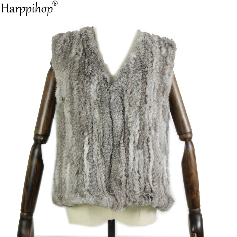 New knitted Rabbit fur vest gilet sleeveless garment waistcoat natural brown /grey/black