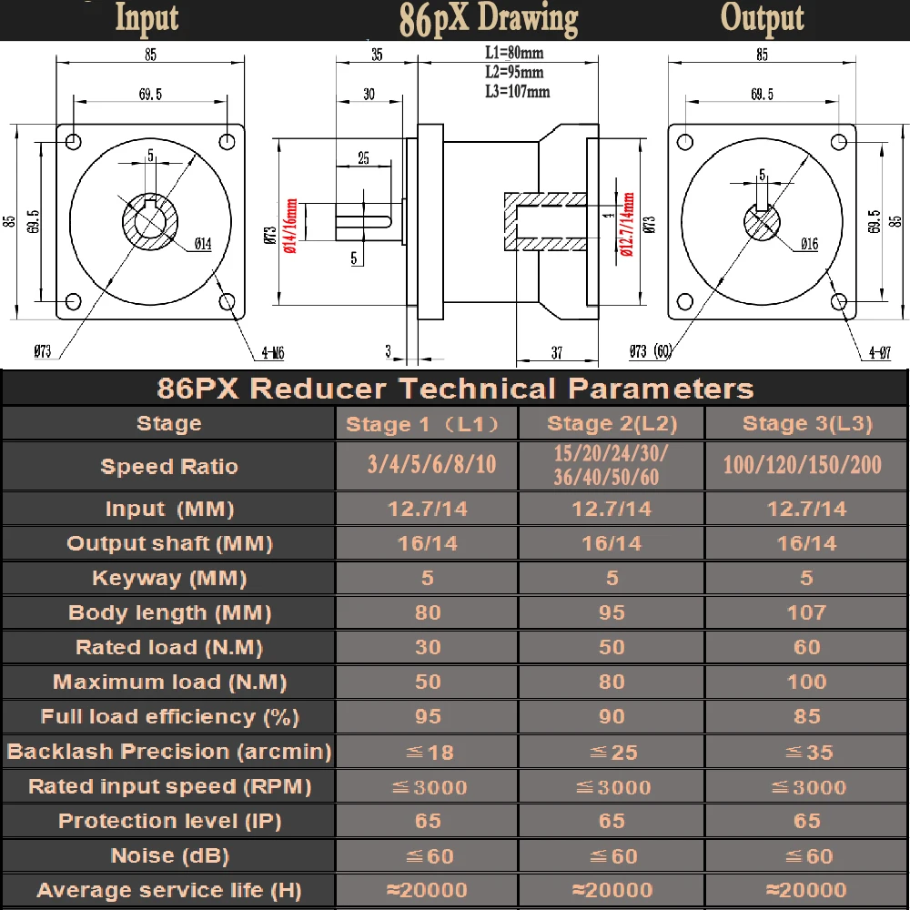 Nema 34 Planetary Gearbox Gear 86mm Speed Ratio 3:1,5:1,10:1~216 Input 1/2 Inch 12.7/14mm Nema34 Stepper Motor Reducer Step-down