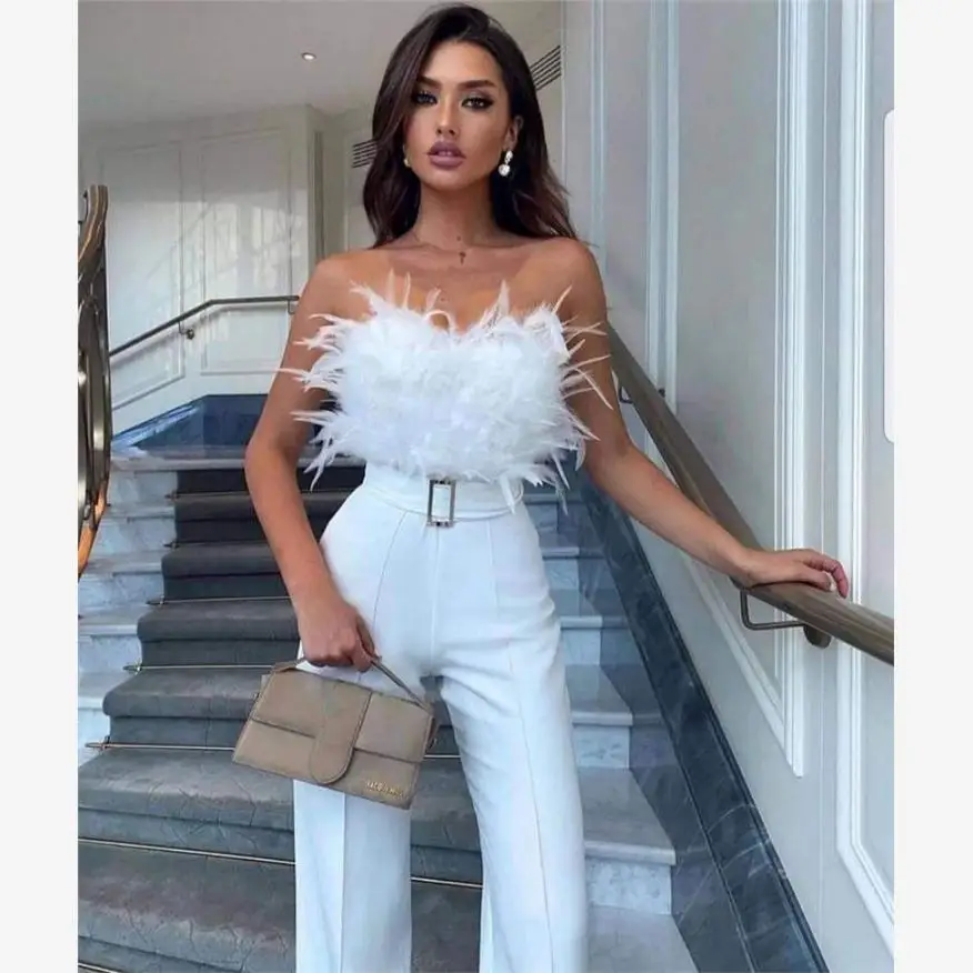 

Sexy Feather Jumpsuit Pants Party Dress Elegant One-Piece Swimsuit for Women in Their 20s And 30s Polyester Fabric Spring Fas...