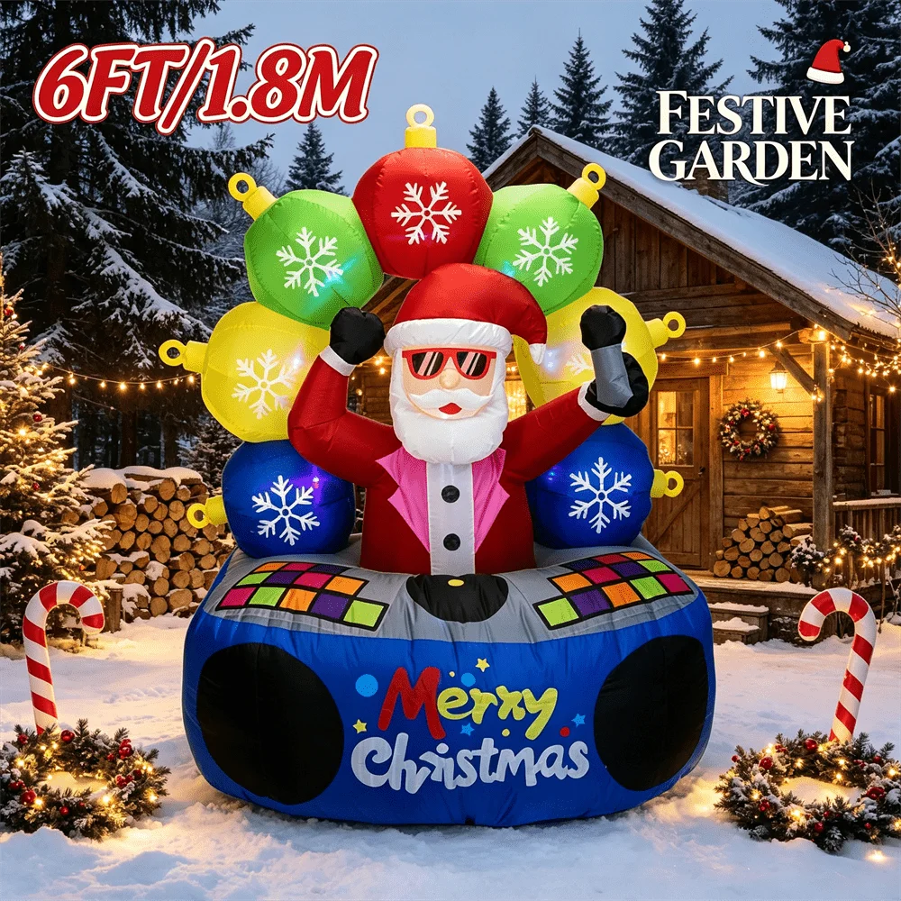 Cool DJ Santa Boombox Inflatable Toy 6FT/1.8M Snowflake Ornaments with LED Lights Merry Christmas Blow Up Garden Decor