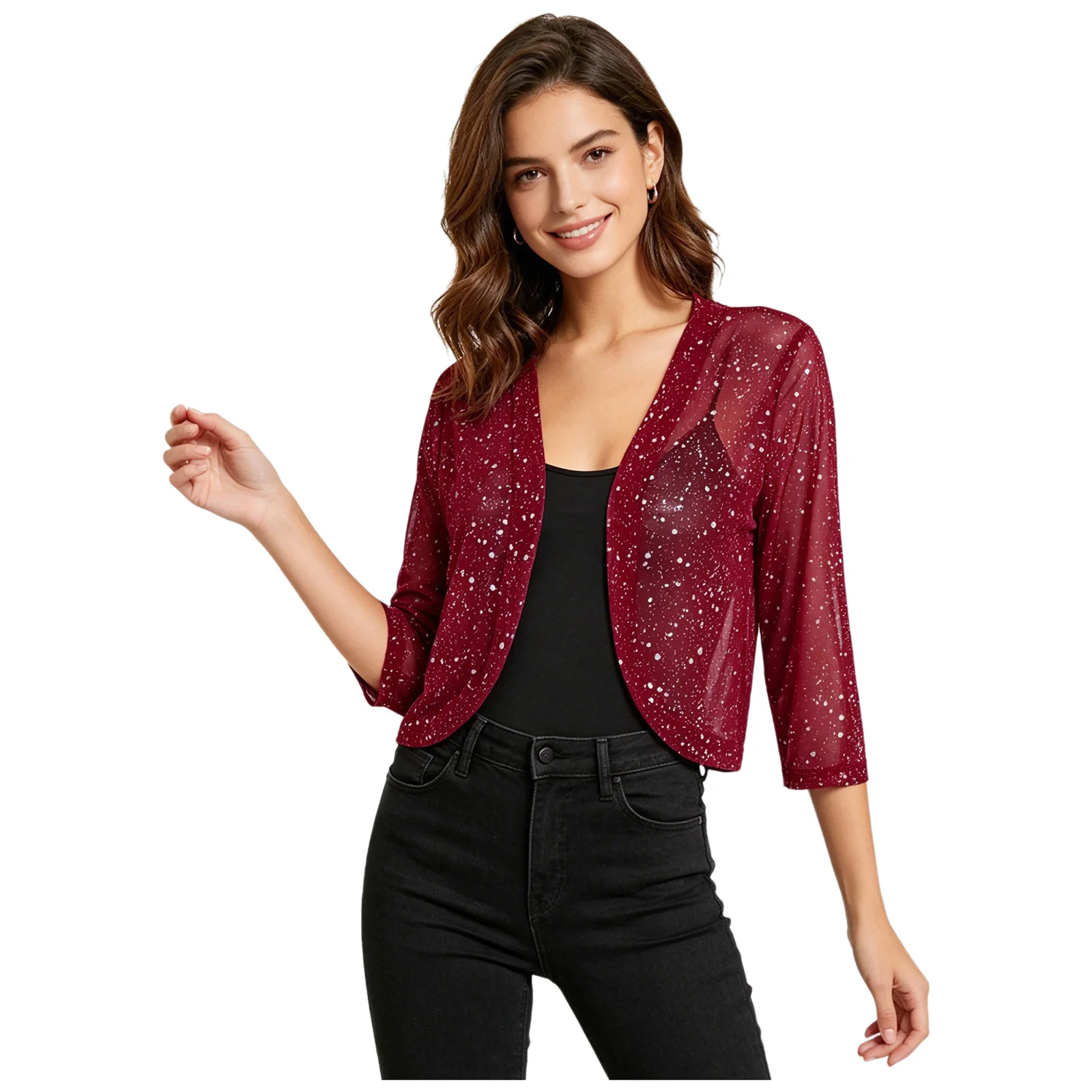 Women's Bolero Cardigan Metallic Shiny Spots 3/4 Sleeve Sheer Mesh Open Front Cropped Shrugs Shawls Elegant Party Jacket