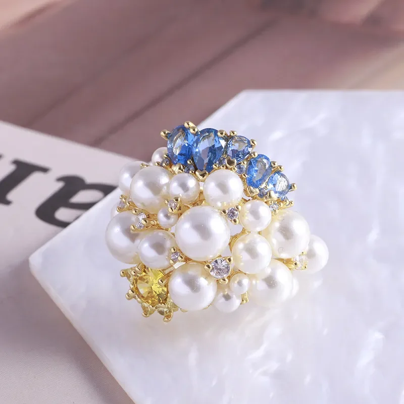 Europe And The United States Jewelry Wholesale Shining Stars Diamond Pearl Blue Water Drop Design Luxury Fashion Ring