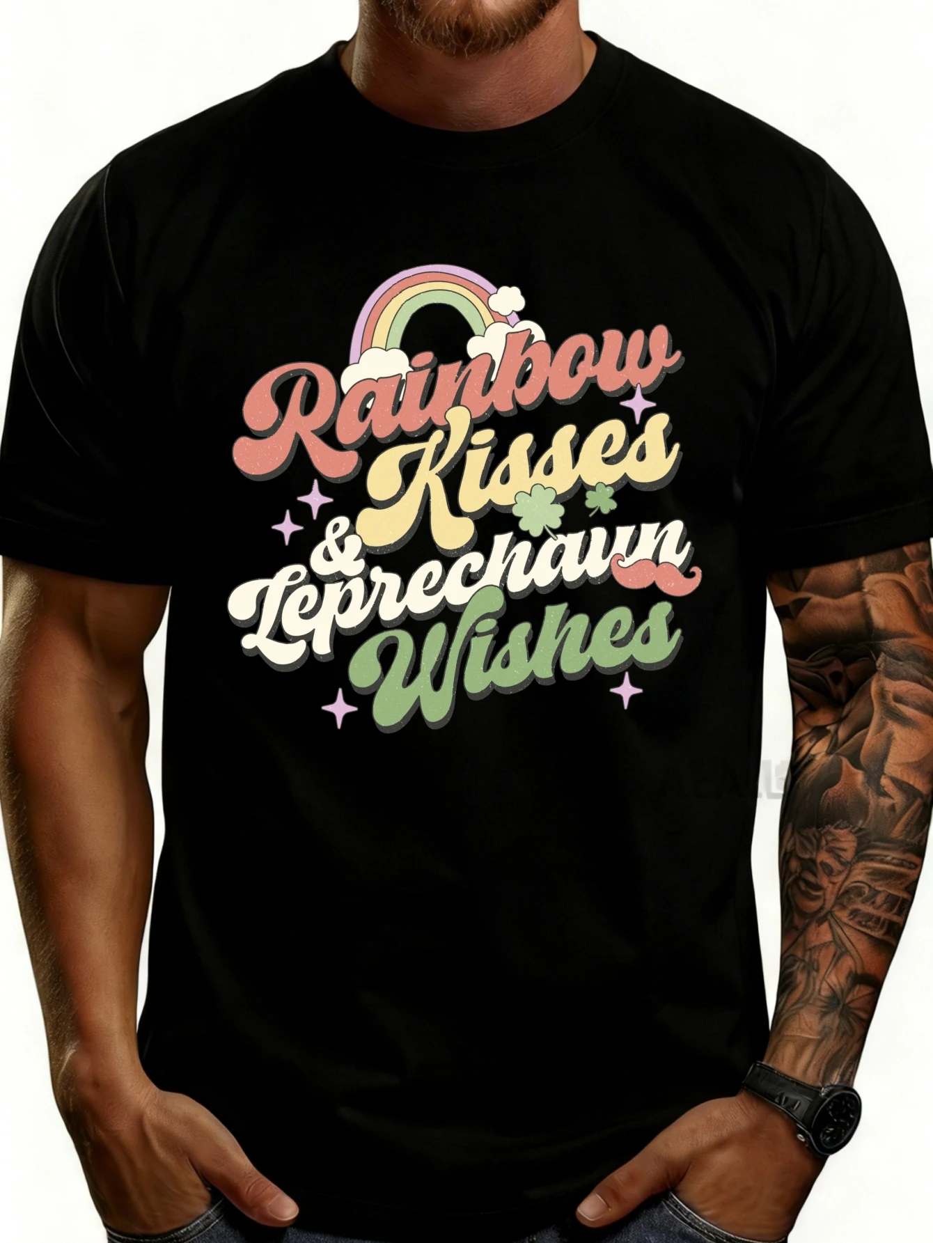 Casual Style Men's T-Shirt Rainbow Kiss and Elf Blessings St. Patrick's Day Theme Spring Gift for Him