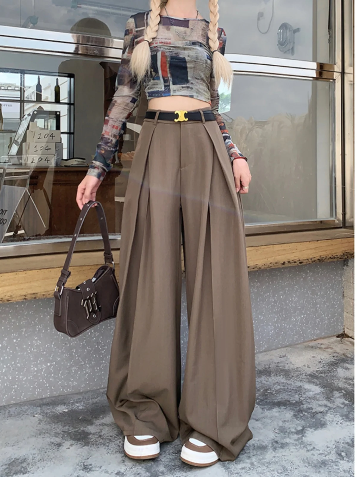 

Женские брюки с высокой талией и широкими штанинами, свободные, повседневные, струящиеся, длинные, весна-осень, в корейском стиле, для офиса