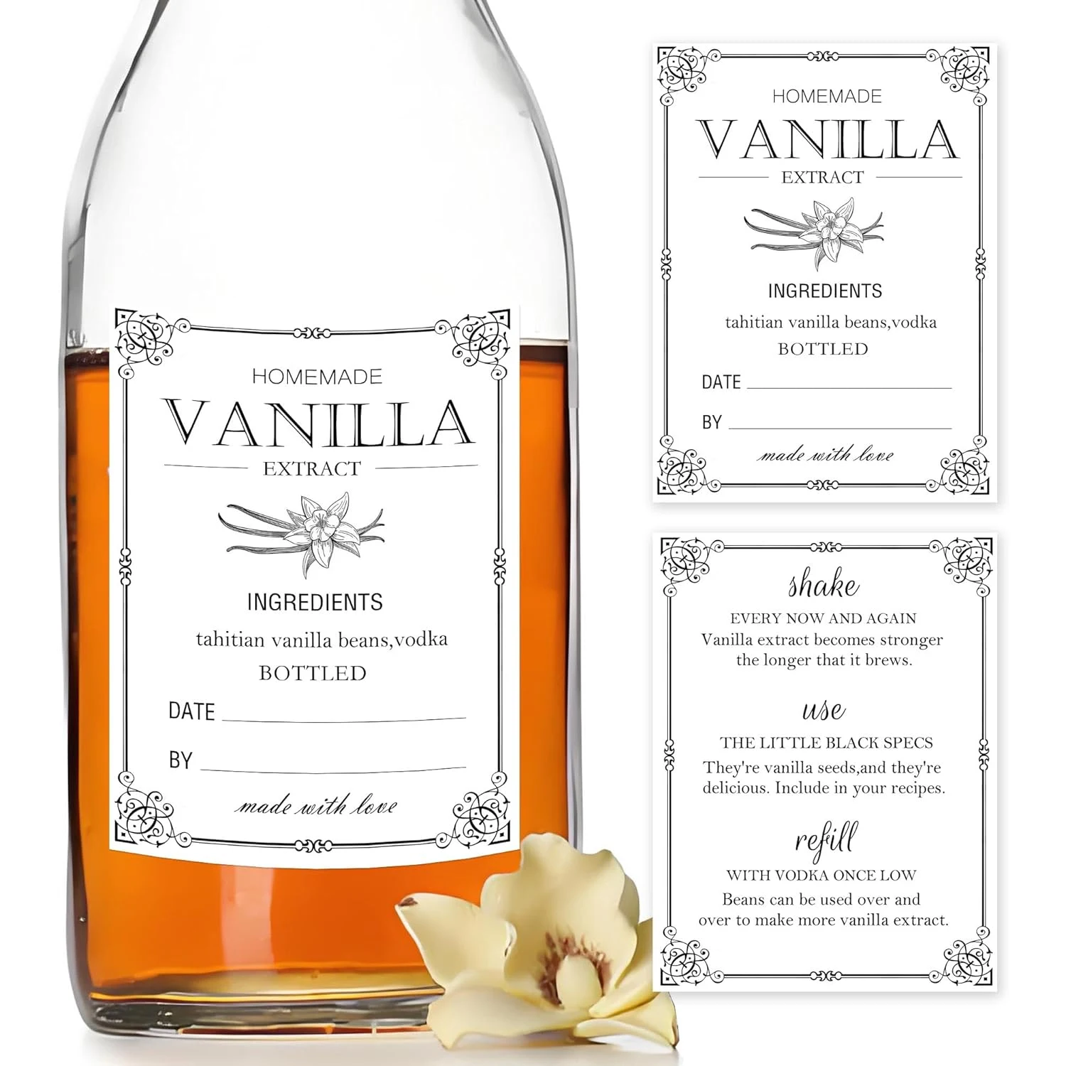 Homemade Vanilla Extract Stickers with Instructions 1.5x2 Inch-Handcrafted Vanilla Bottles Labels Vanilla Extract Labels