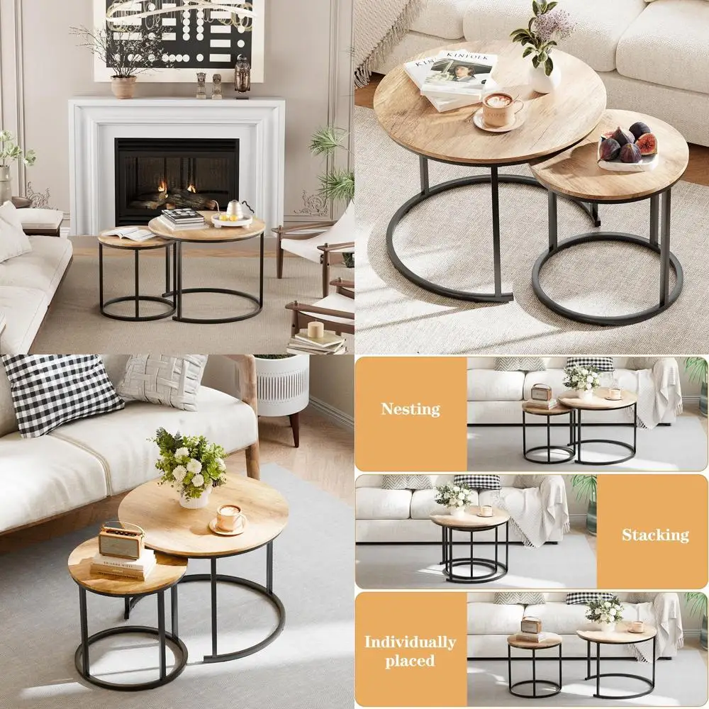 Round Wooden Nesting Coffee Table Set for 2, Metal Frame, Ideal for Living Room, Bedroom, or Balcony, Brown