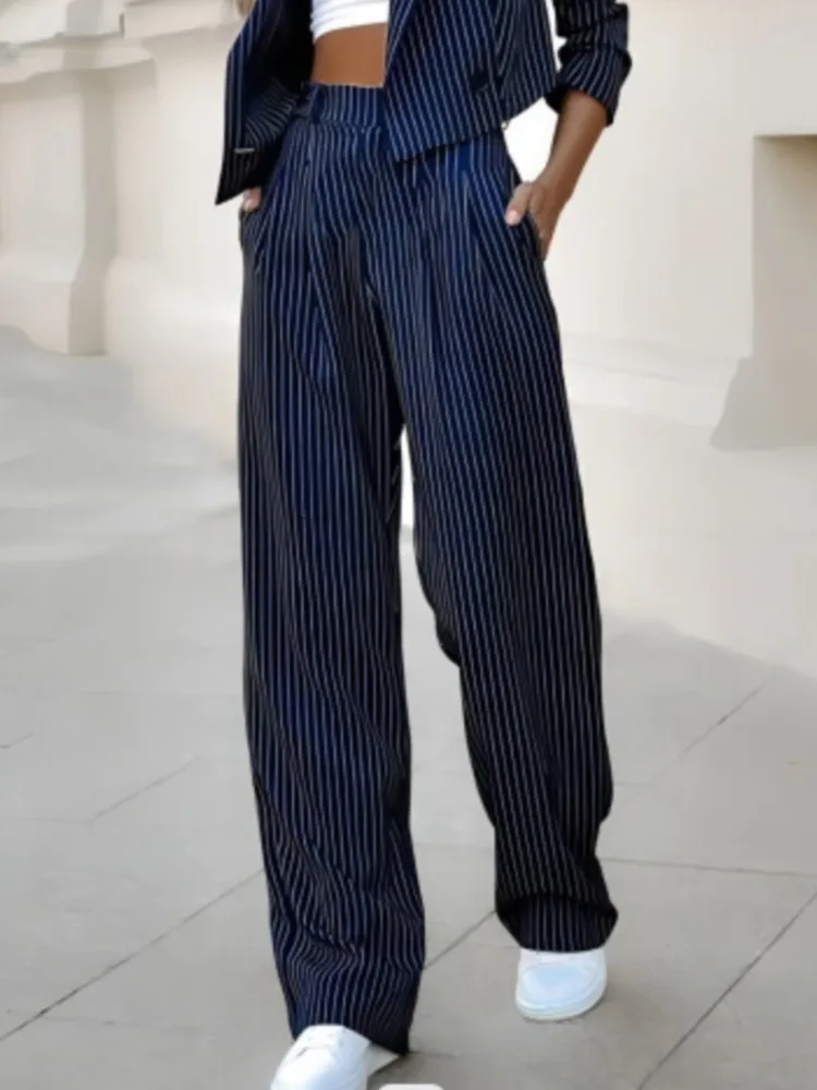 Moda de manga comprida lapela colheita topo + calças conjunto de 2 peças para as mulheres primavera outono casual listrado impressão terno de escritório feminino