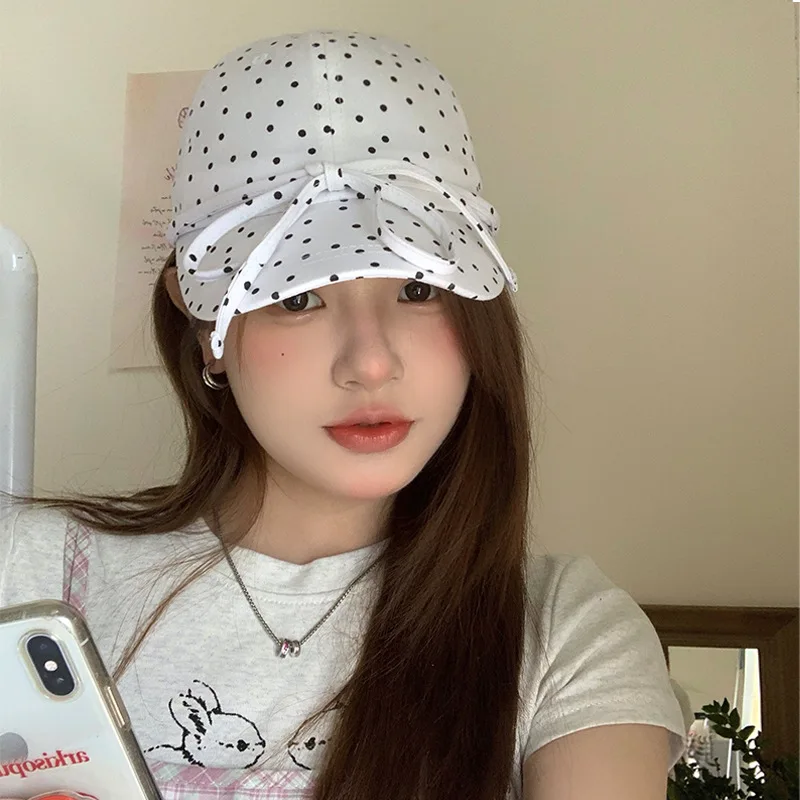 

2025 New Women's Black & White Polka Dot Baseball Cap - Adjustable Bow Design Spring/Summer Sweet Face-Small Sunshade Hat