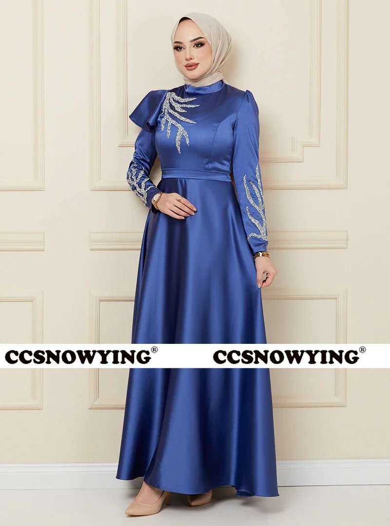 

Long Sleeve Satin Appliques Muslim Evening Dresses High Neck Hijab Formal Party Prom Gown Arabic Islamic Robes De Soirée