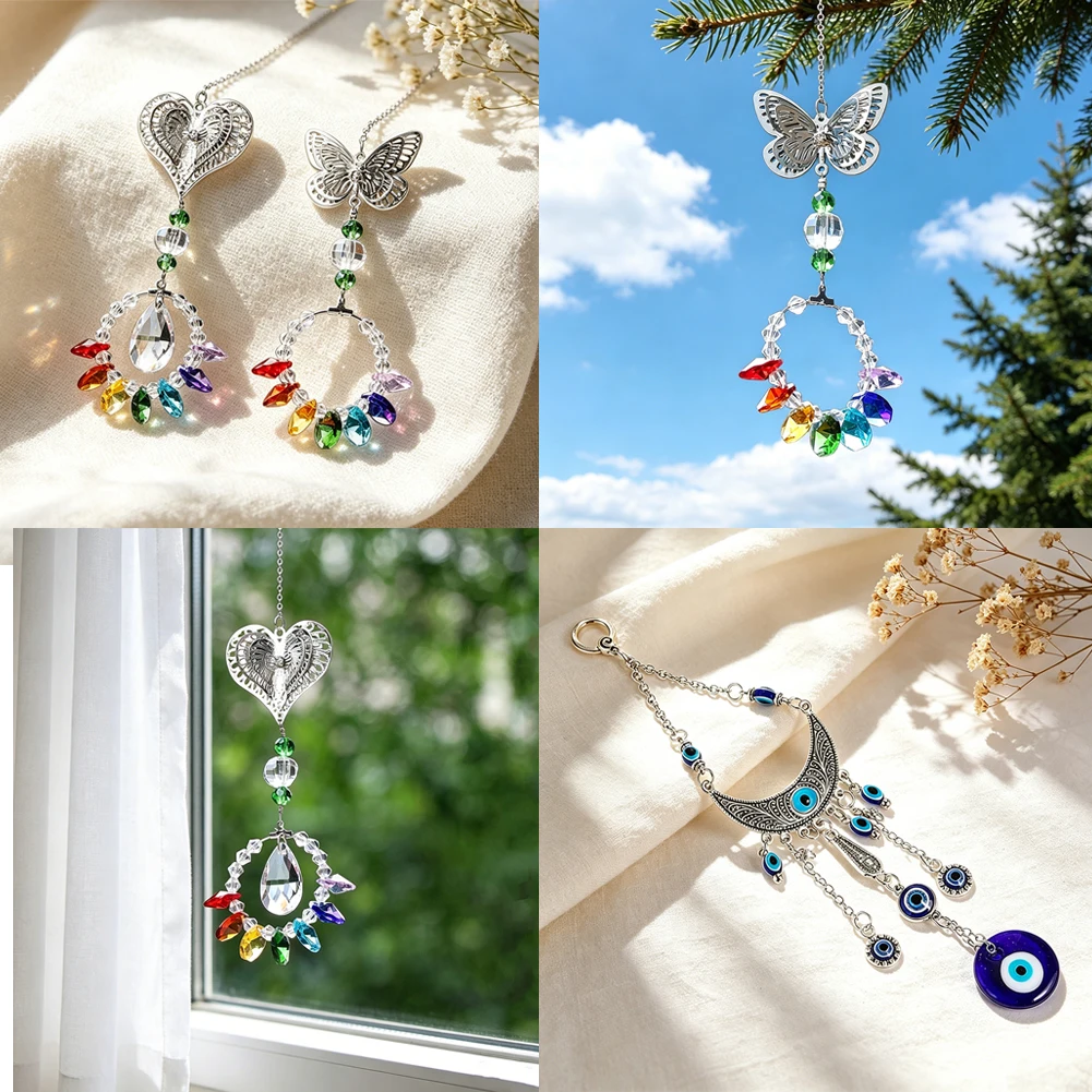 Butterfly Blue Eyed Crescent Moon Heart Metal Sun Catcher Ornament Seven Chakras Rainbow Crystal Prism Window Car Hanging Decor