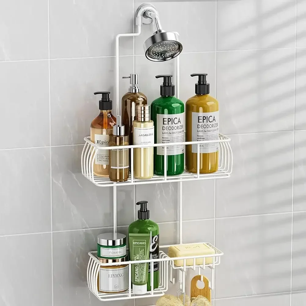 

Shower Caddy Hanging, Anti-Swing Over Head Shower Caddy Rustproof with hooks for Towels, Sponge and more,White