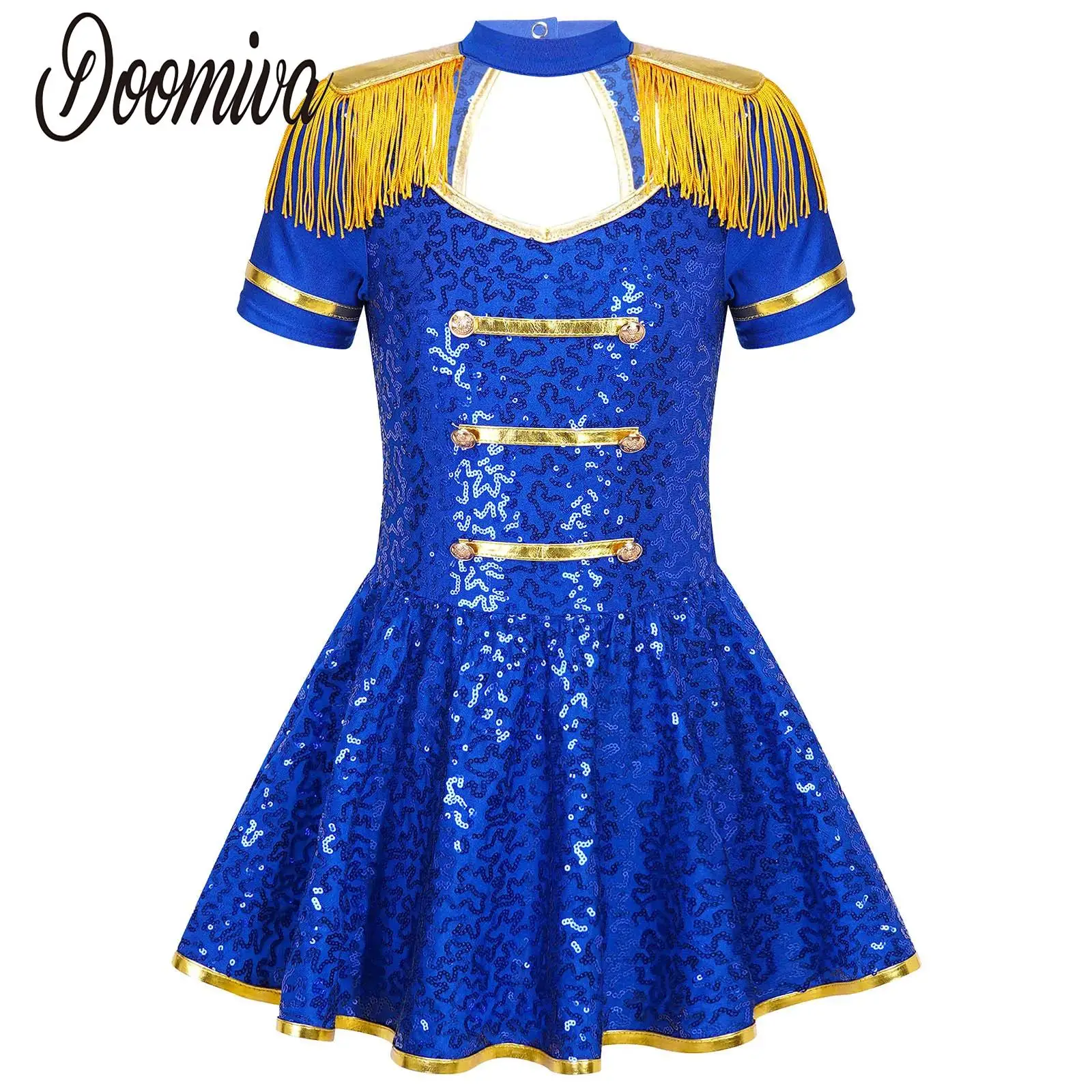 Kids Girls Circus Ringmaster Halloween Costumes Dress Up Cosplay Honor Guard Dress Sequin Tassel Epaulets Leotard Dance Dresses