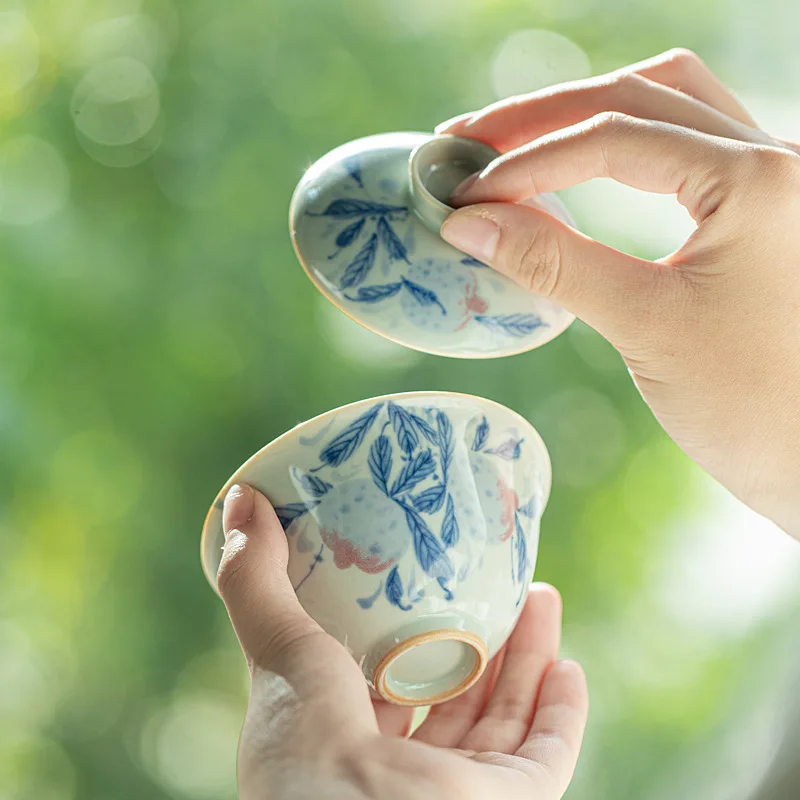 Antique‑style Blue and White Pomegranate Sancai Gaiwan Underglaze‑Colour Retro Tea Bowl Ceramic Tea‑making Vessel Holiday Gift