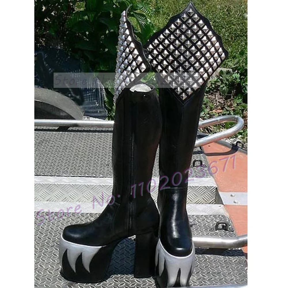 Novelty Metal Platform Tall Boots Women Rivets Splicing Tooth Print High Block Heels Ladies Winter Halloween Knee High Boots