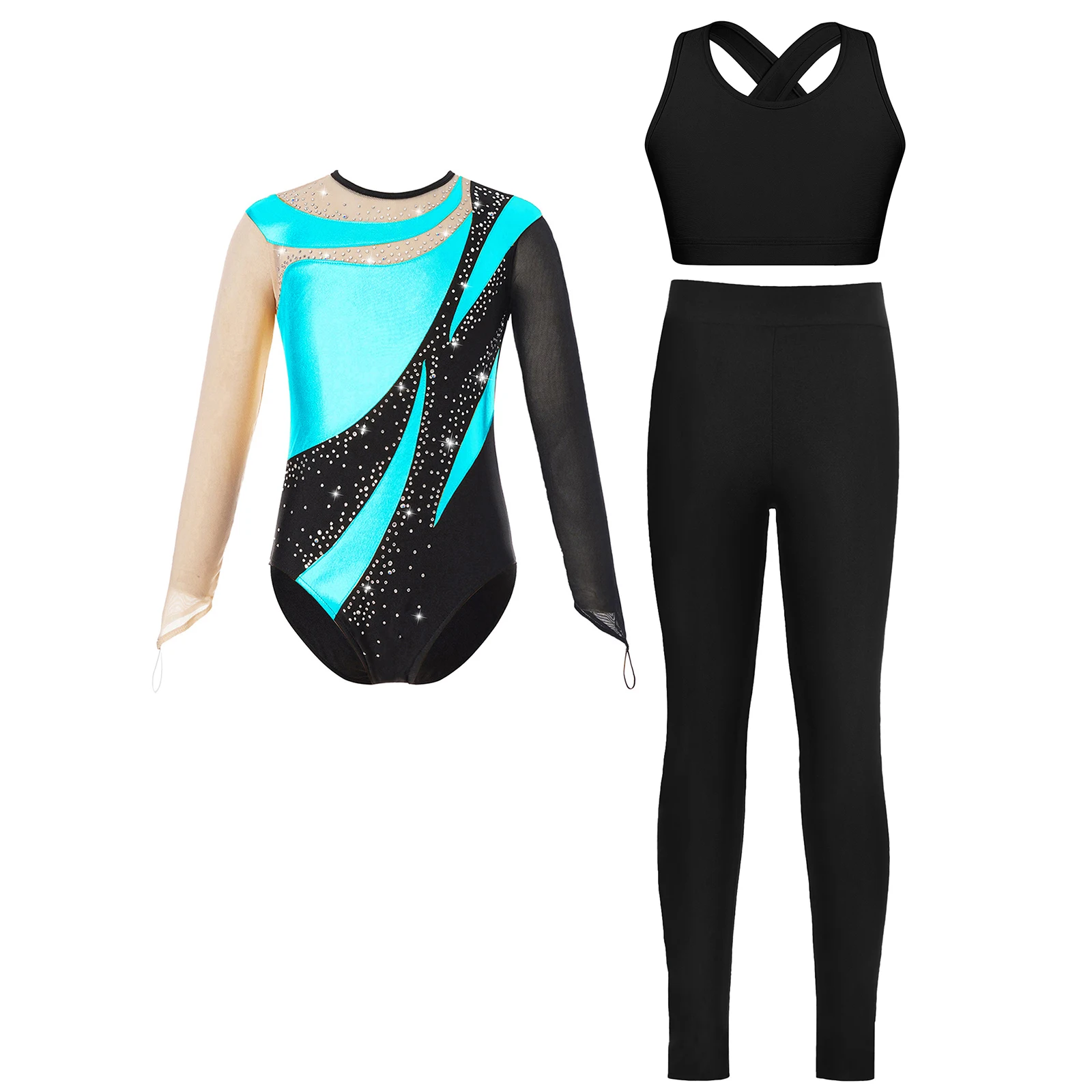 Kids Girls Ballet Gymnastics Jumpsuit Long Sleeve Yoga Bodysuit Rhinestones Figure Skating Leotard Tops with Gymnastic Leggings