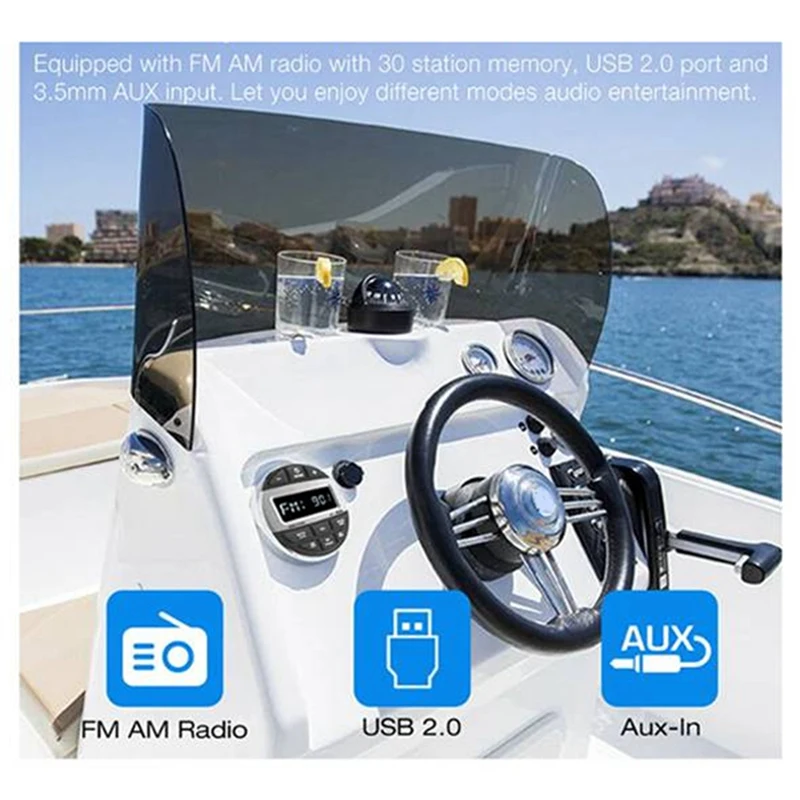 Bluetooth Marine Stereo Boat Radio Waterproof FM AM Digital Media Audio Player For Yacht Gauge ATV UTV Cart Motorcycle