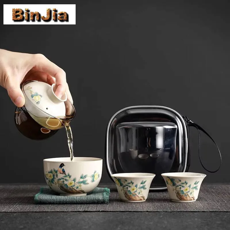 

Ручная роспись, дорожный чайный сервиз, домашний автомобильный уличный заварочный портативный горшок с тремя чашками, чайная посуда, сумка, костюм, ручная работа, красота, гавань, ремесло