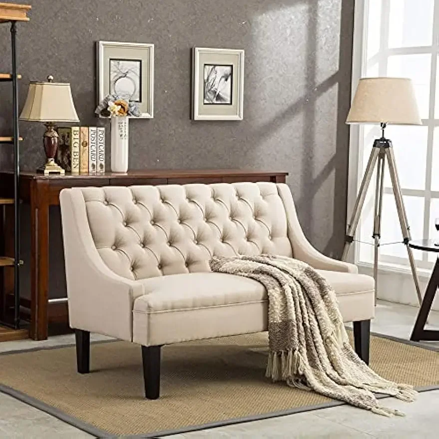 Modern Loveseat Settee Button Tufted Sofa Couch Upholstered Banquette Dining Bench Living Room Funiture (Khaki)