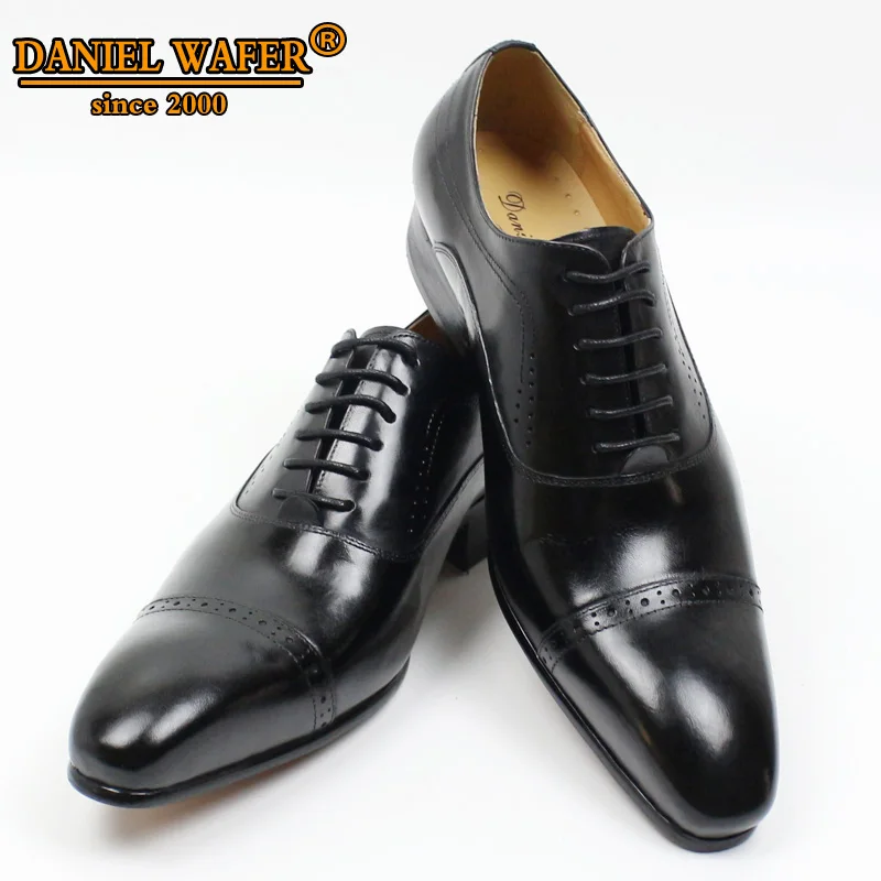 Genuine Leather Oxford Dress Shoes Men Lace Up Cap Toe Office Wedding Shoes Black Brown Brogue Pointed Oxfords Formal Shoes Men