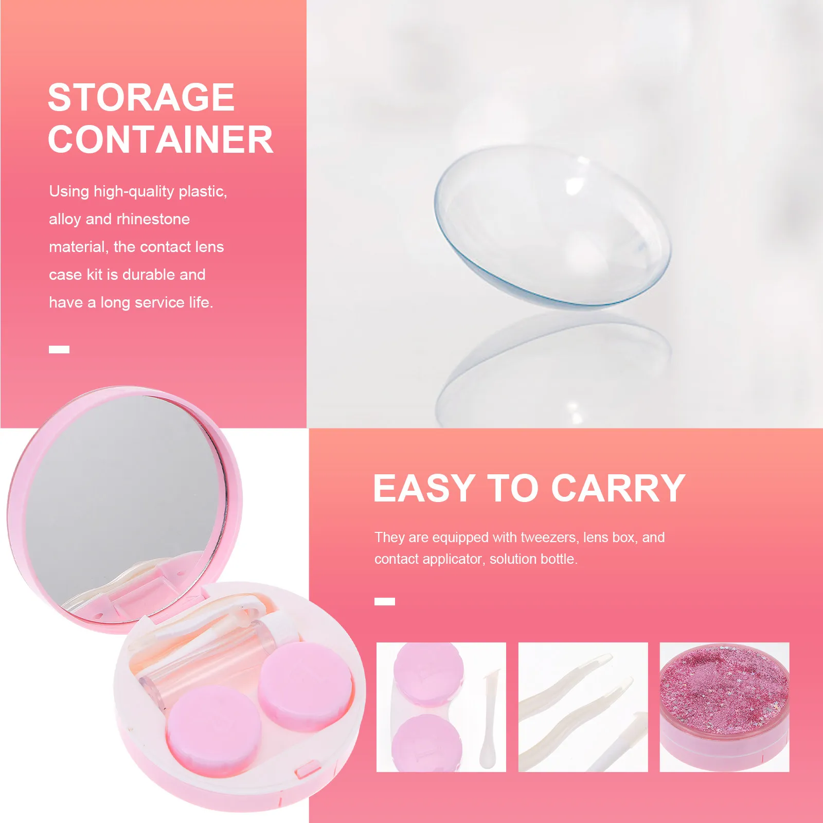 Glitter Quicksand Lens Case Kit with Mirror, Tweezers, Applicator & Solution – Small Travel Storage Container