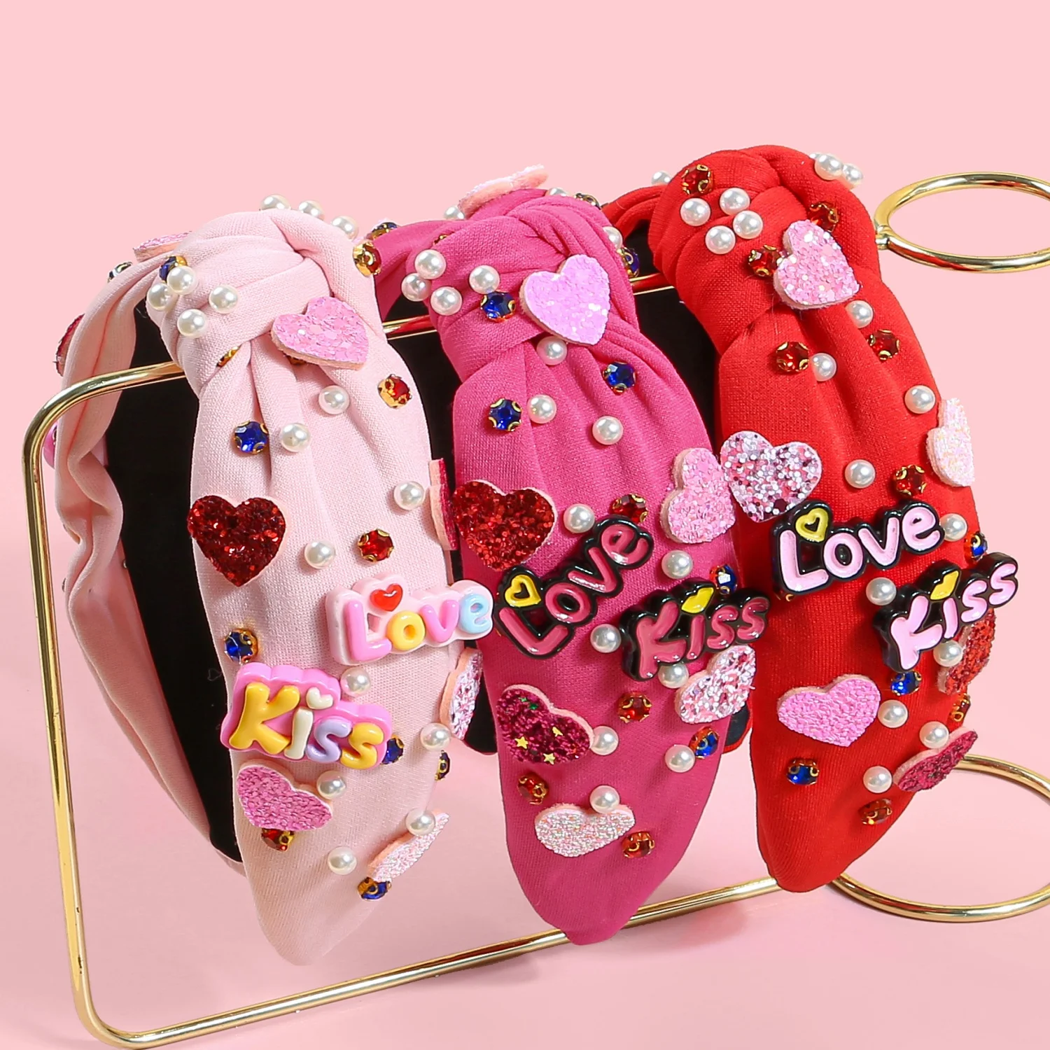 Fasce per capelli alla moda per San Valentino per donna Fasce per capelli con lettera a forma di cuore glitterata Fascia per capelli con perle di cristallo per accessori per capelli da festa