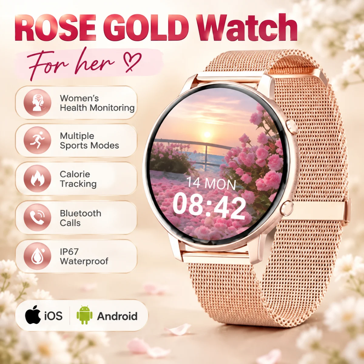 Elegante Smartwatch donna oro rosa 1,39 pollici schermo rotondo chiamata Bluetooth impermeabile IP67 frequenza cardiaca SpO2 fitness tracker per Android iOS