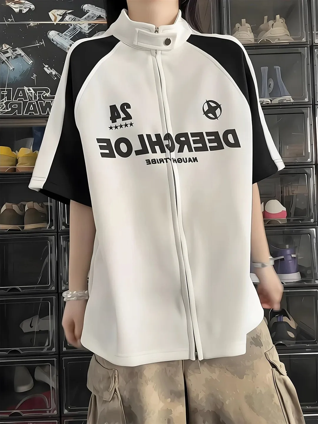 American Style Motorcycle Black White Splicing Short Sleeve Shirt Men's Summer Double Zipper Design Open Cardigan Half Sleeve...
