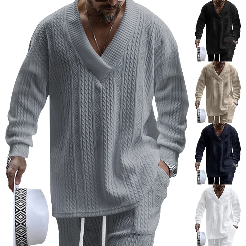 Men Cable‑Knit Sweater Set, V‑Neck Long Sleeve Knit Top And Drawstring Pants, Loose Casual Knitted Two‑Piece Outfit For Men Mult